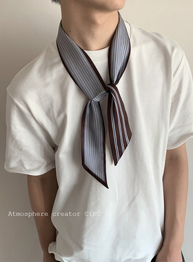 CiKC 简约条纹领巾男女古早感时髦领结叠带松弛百搭丝巾多用挂链