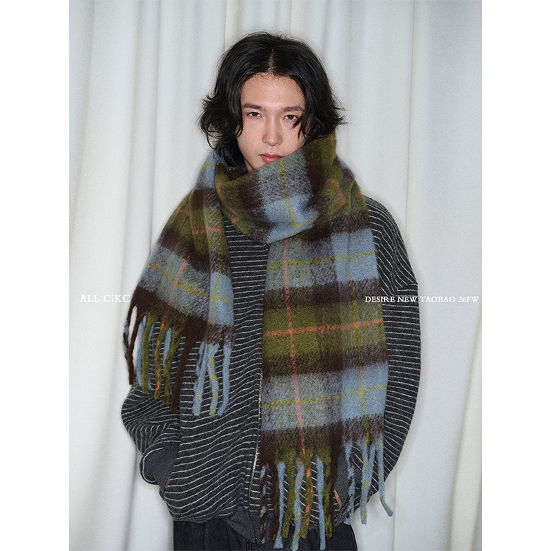 宝石色系原创小众毛绒格子围巾