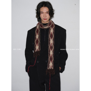 CiKC 中古贵气时髦细长围巾男女秋冬时髦个性串线红菱格窄围脖潮