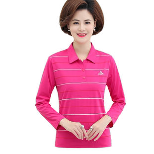 中老年女装春季polo长袖T恤女妈妈装秋季翻领大码小衫条纹上衣