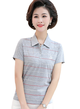 妈妈夏装短袖女t恤夏季纯棉翻领