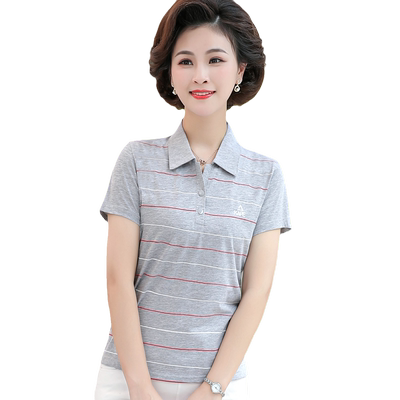 妈妈夏装短袖女t恤夏季纯棉翻领