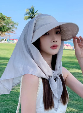 绑带丝巾草编帽子女防晒帽夏季防紫外线新款遮发护颈遮阳帽太阳帽