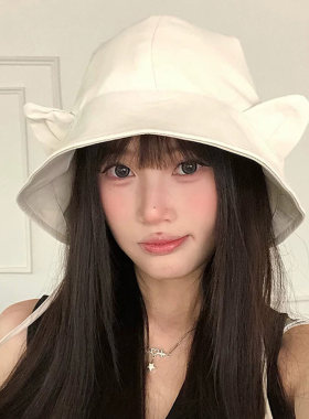 日系可爱猫耳朵双面可戴渔夫帽女夏季防晒遮阳帽子显脸小百搭盆帽