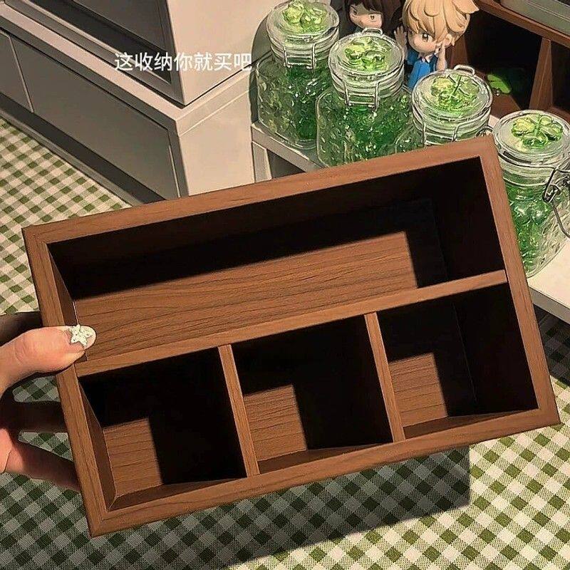 复古木质桌面收纳盒谷子分格整理杂物宿舍桌面收纳架长方形储物盒