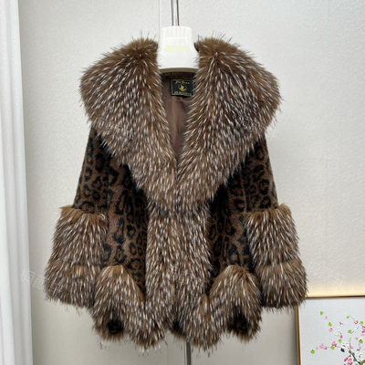水貂毛绒豹纹皮草外套女士中长款年轻时尚大毛领秋冬环保毛毛外套