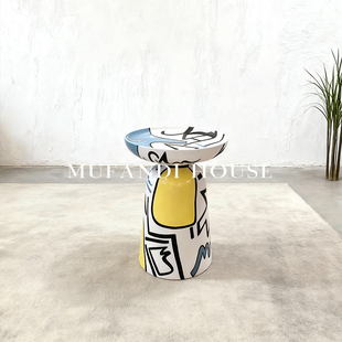 慕梵迪波普艺术抽象涂鸦碗形边几黄蓝撞色设计师款现代客厅角几