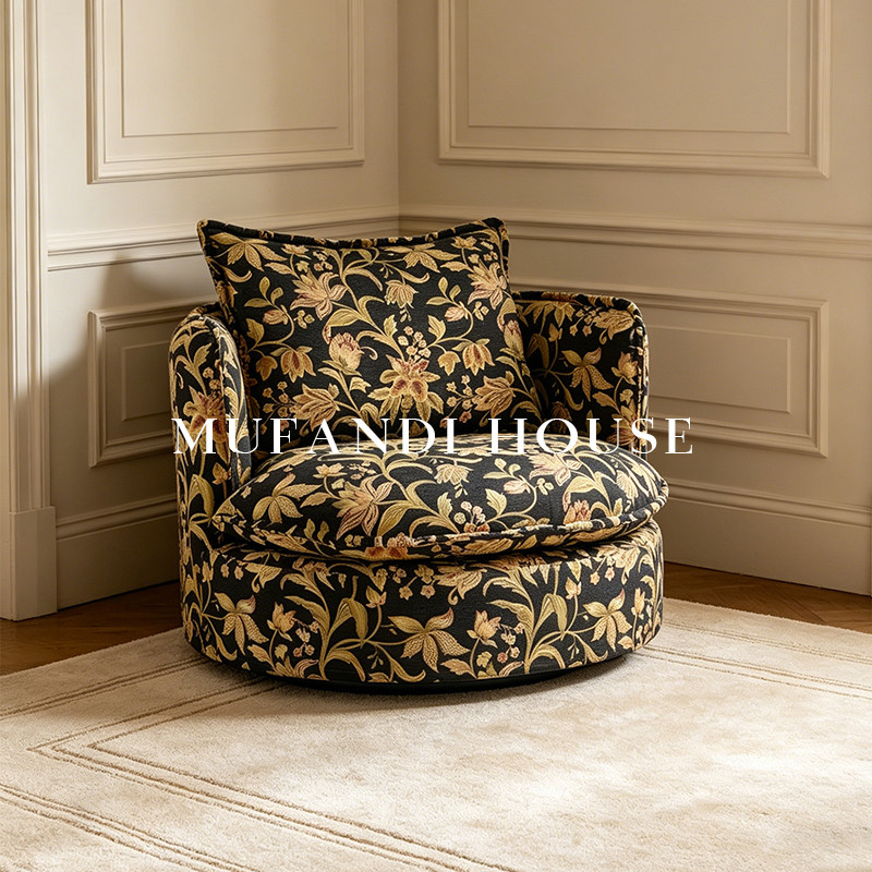 慕梵迪法式复古黑底花卉旋转单人沙发椅客厅轻奢提花布艺休闲椅