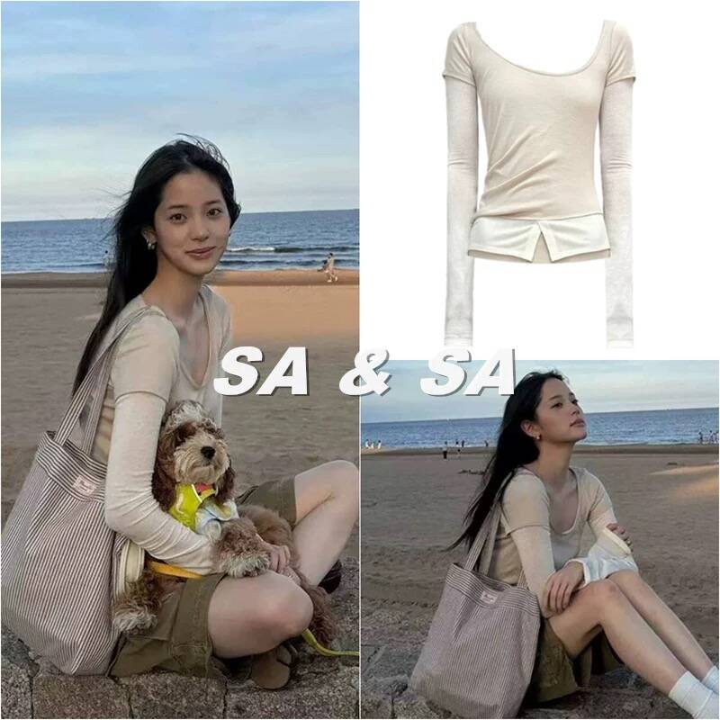 欧阳娜娜同款假两件拼接长袖t恤