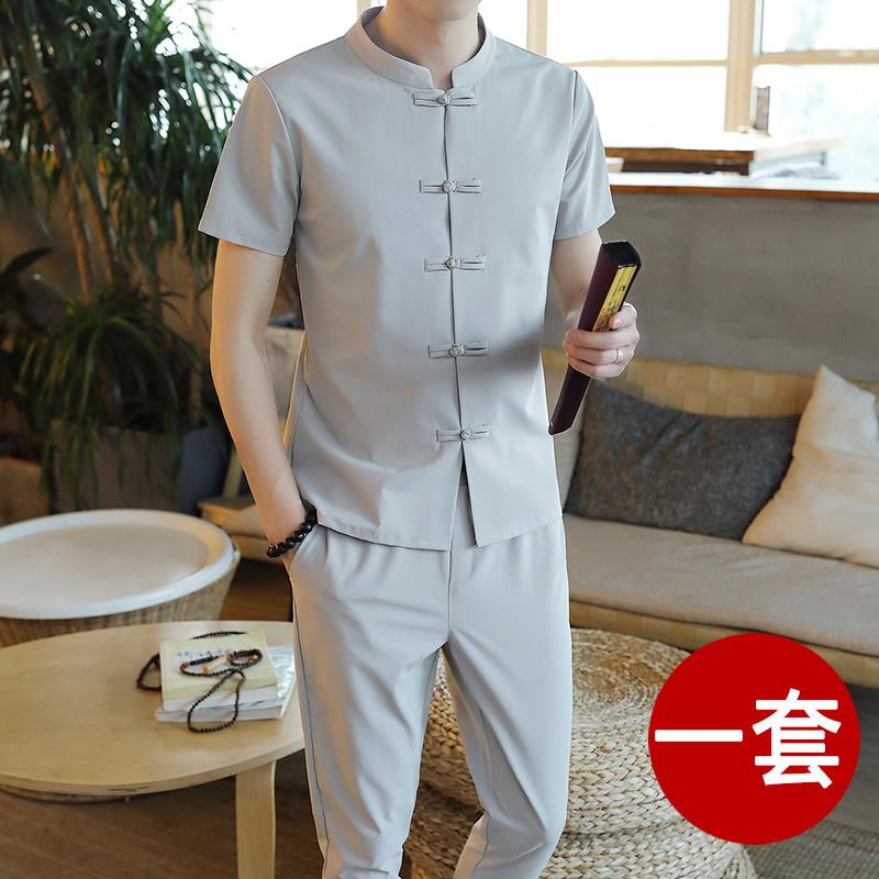 男士短袖立领t恤套装夏季冰丝中国风汉服唐装复古棉麻搭配一套男T