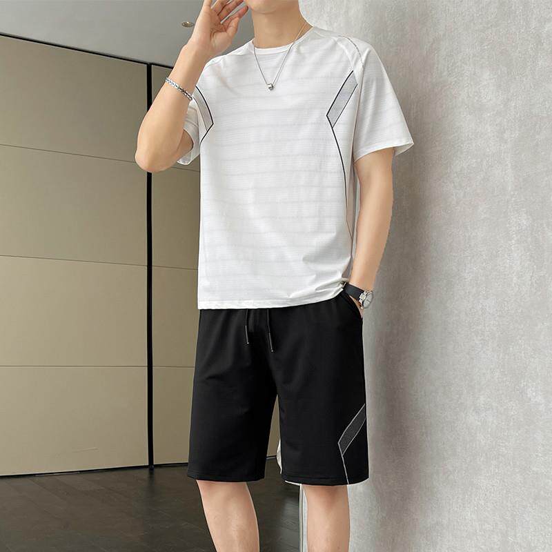 夏季男士冰丝速干运动短袖短裤套装时尚潮流韩版宽松五分裤两件套