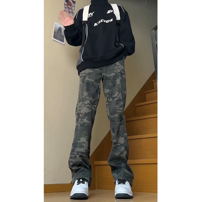 美式微喇迷彩牛仔裤男款秋季高腰显腿长裤子修身伐木卡哈特工装裤
