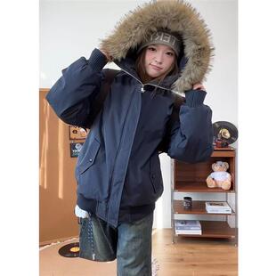 藏青色美式连帽派克羽绒棉服男女款冬季防风保暖大毛领座山雕外套