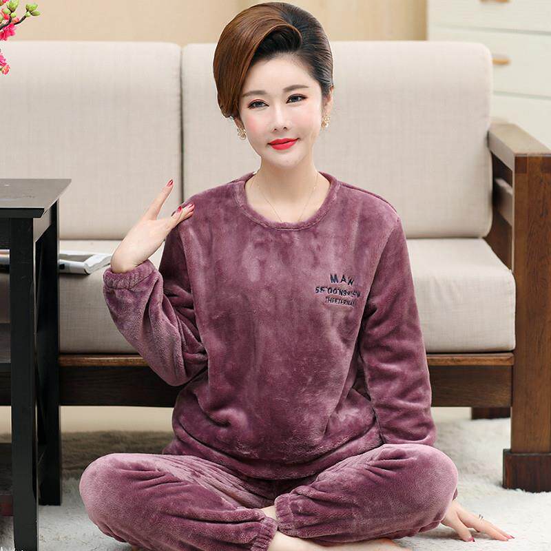 中年妈妈加厚珊瑚绒睡衣女秋冬季中老年法兰绒加绒大码家居服套装