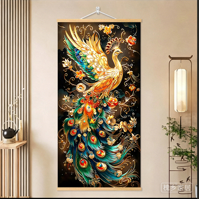 【瑞雀呈祥】轻奢玄关招财纳福金色孔雀繁花画大气新中式竖版挂画
