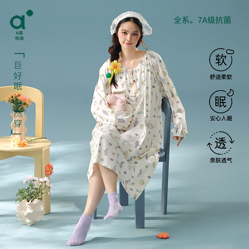 德国【抗菌新疆棉】长袖睡裙女纯棉季卡通女生宽松中长版连衣裙子