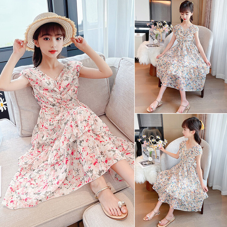 新品潮流女童碎花连衣裙夏装新款儿童夏季短袖裙子大童夏天雪纺沙