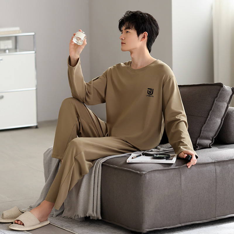 潮牌季新款睡衣男长袖长裤简约休闲圆领青少年宽松大码套装可外穿