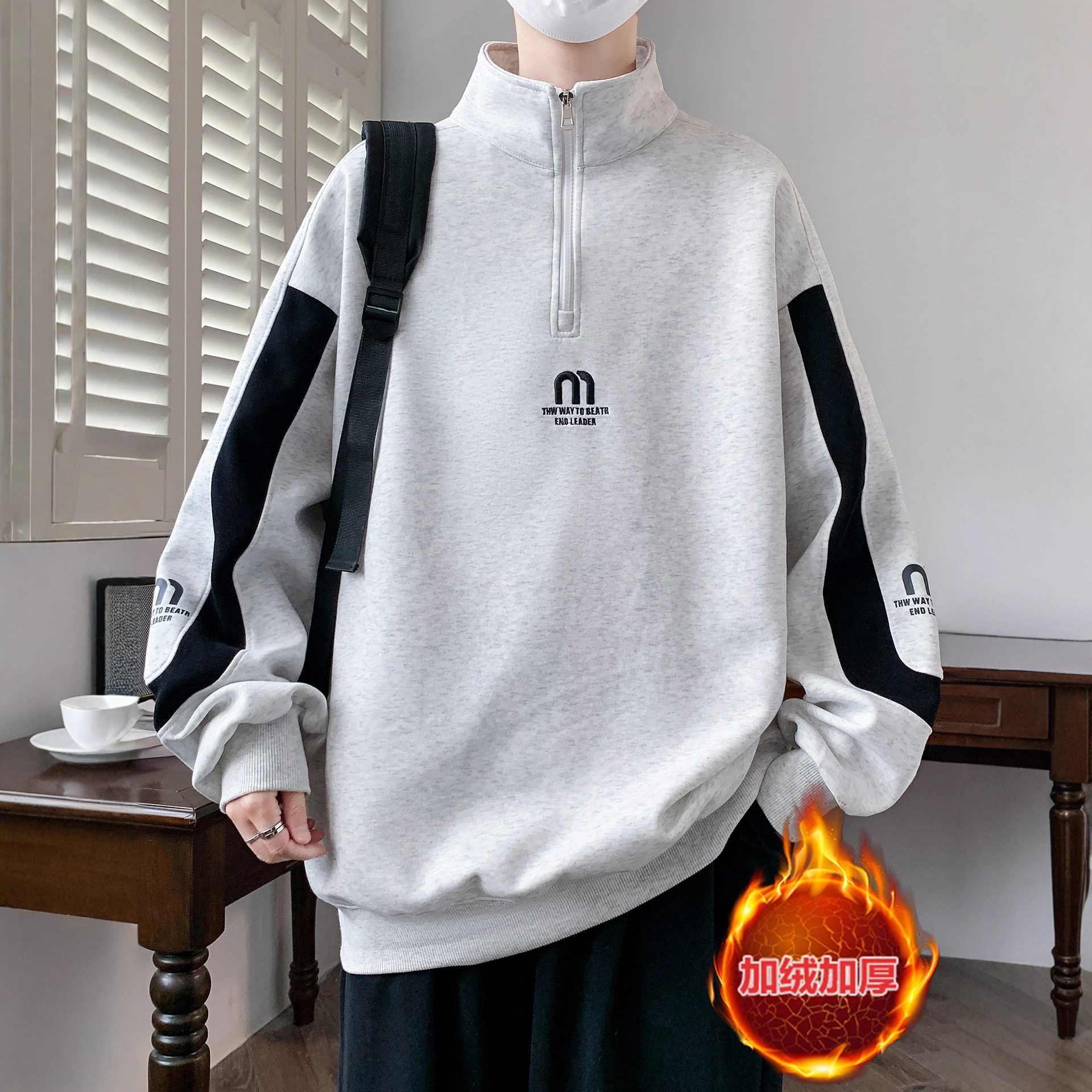 欧洲站冬季加绒加厚卫衣男孩初中高中学生长袖t恤青少年大童保暖