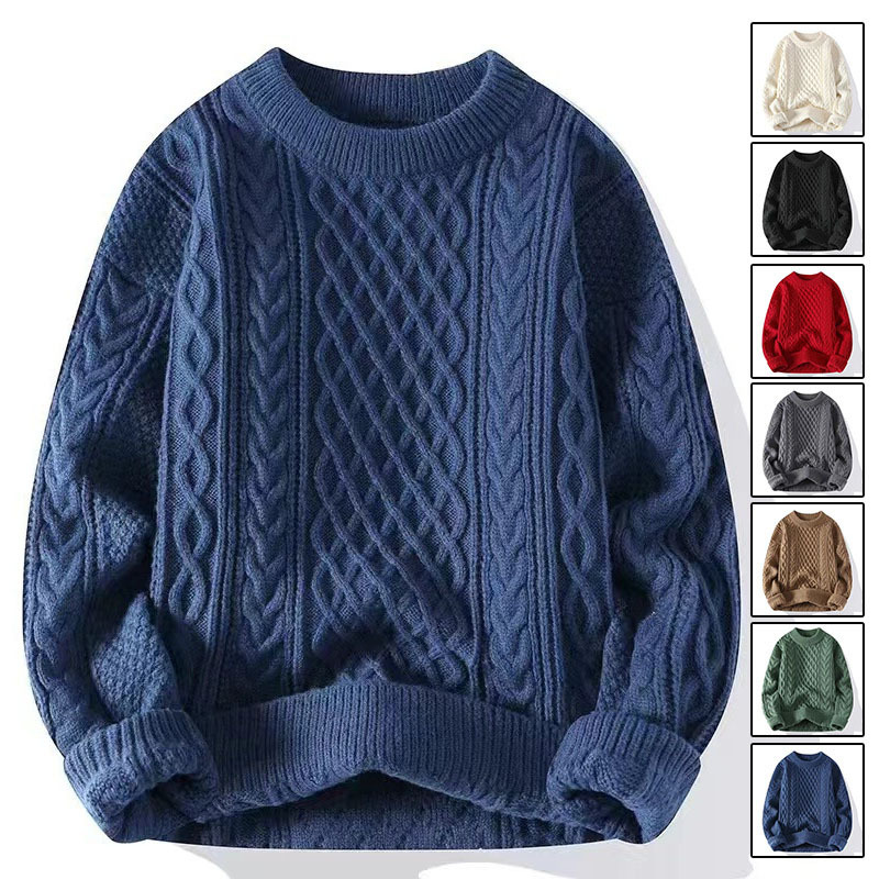 潮流时尚冬内搭打底针织衫毛衣男纯色圆领粗麻花外套毛线衣