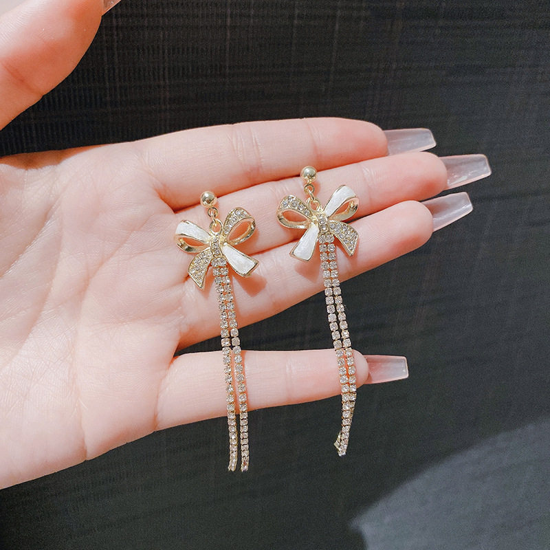 撤柜轻奢精致名媛风蝴蝶结长款流苏耳环女时尚优雅耳钉气质百搭耳