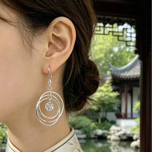 撤柜新款复古多层圆圈闪钻星环锆石圆球耳圈时尚百搭个性气质耳饰