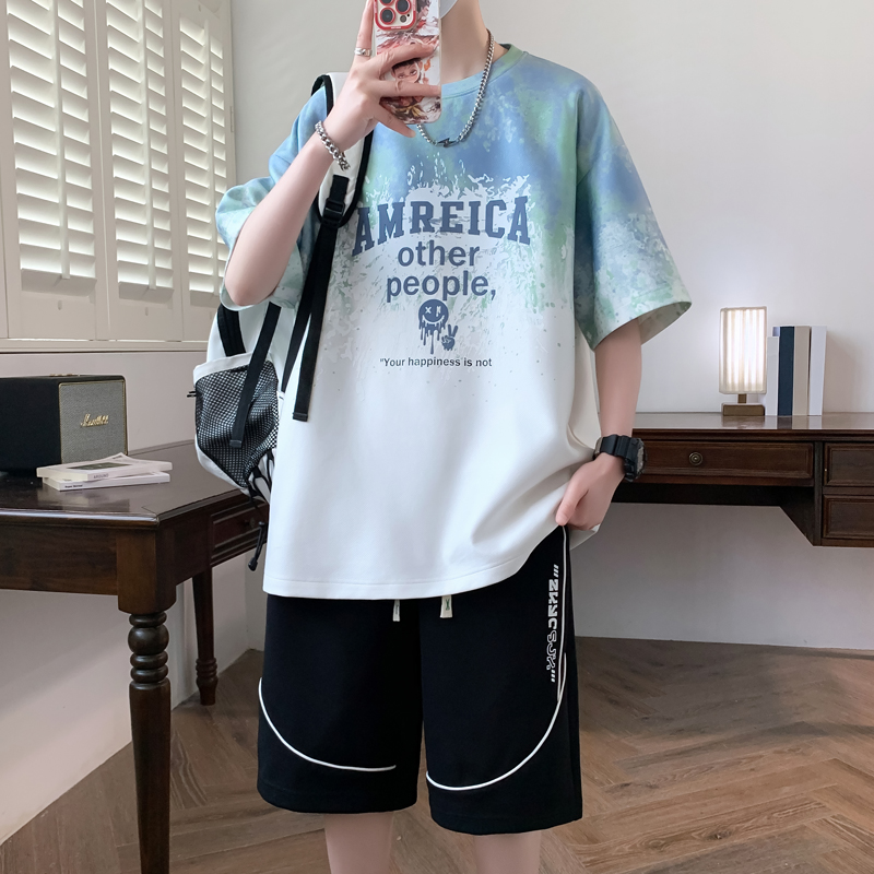 流行优选青少年短袖t恤男孩高中初中生学生2025新款夏季套装大童