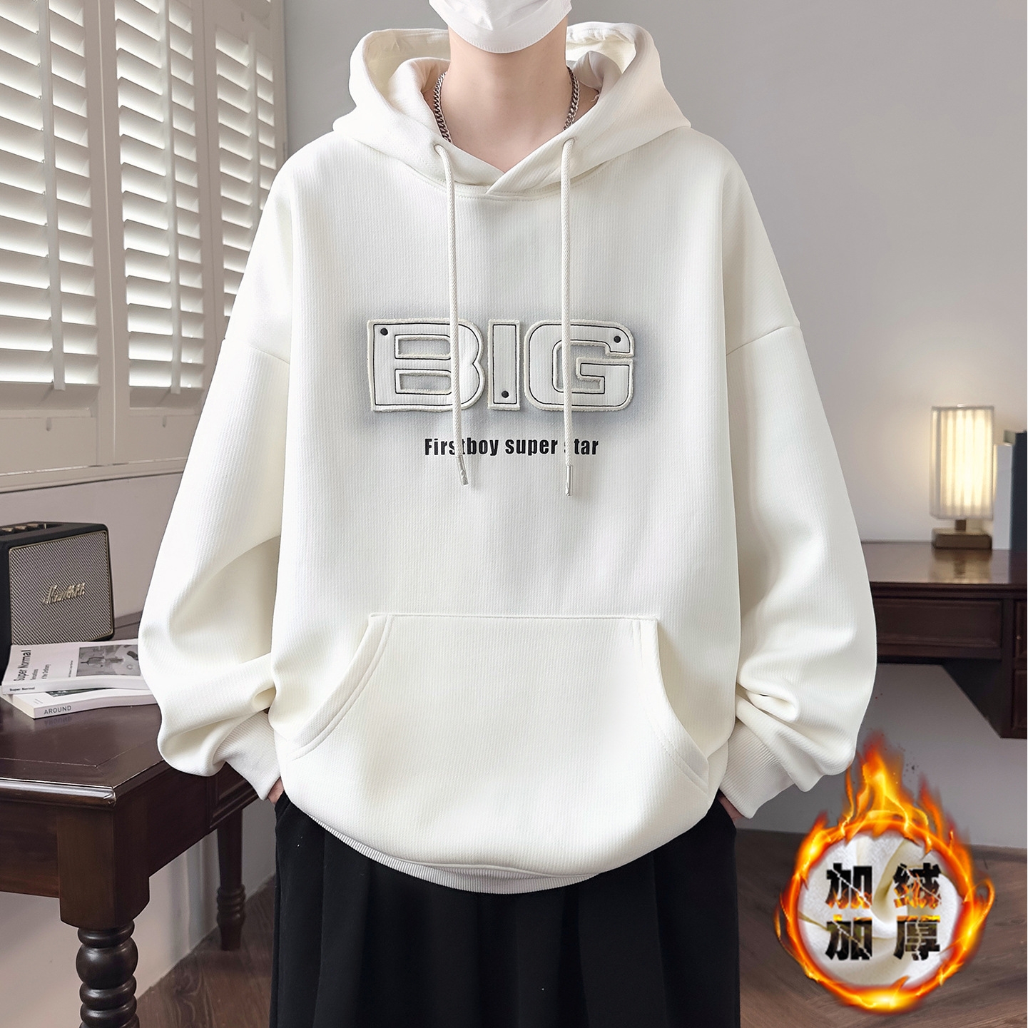 香港撤柜加绒加厚连帽卫衣男孩冬季潮牌宽松青少年初中高中学生大