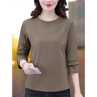 欧洲站高品质纯棉长袖t恤女薄款年新款中年妈妈大码圆领打底衫