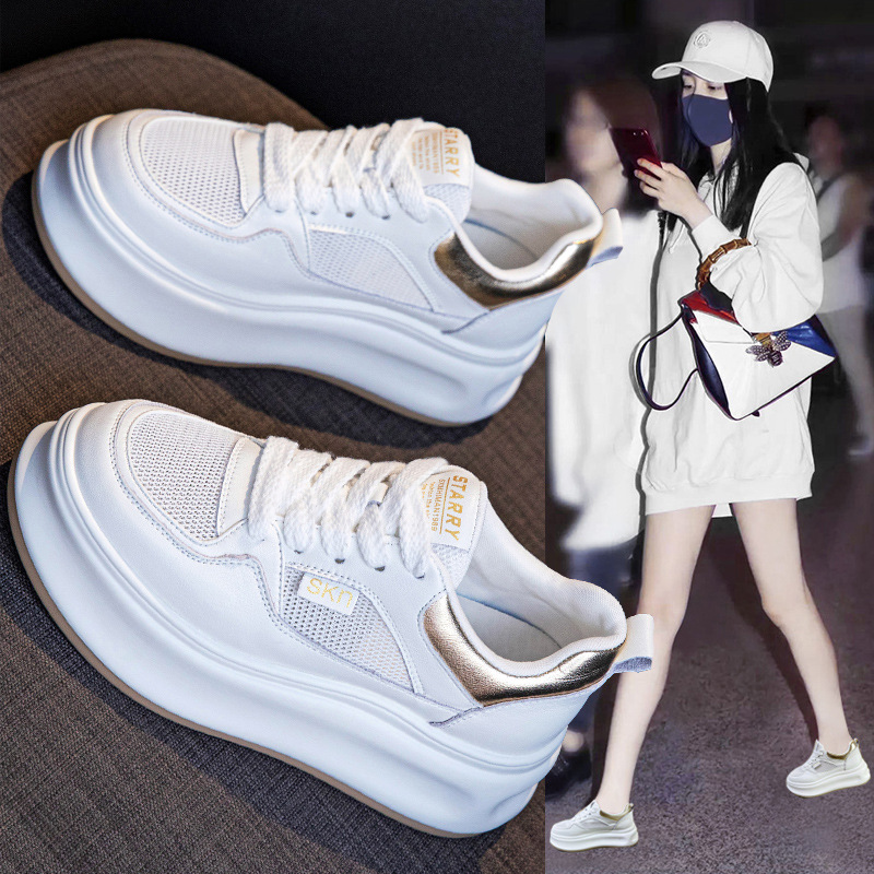 香港撤柜内增高小白鞋女秋薄款网面透气运动休闲板鞋爆款真皮松糕