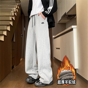 欧洲站冬季超厚羊驼绒休闲裤男生潮流百搭青少年加绒保暖直筒运动