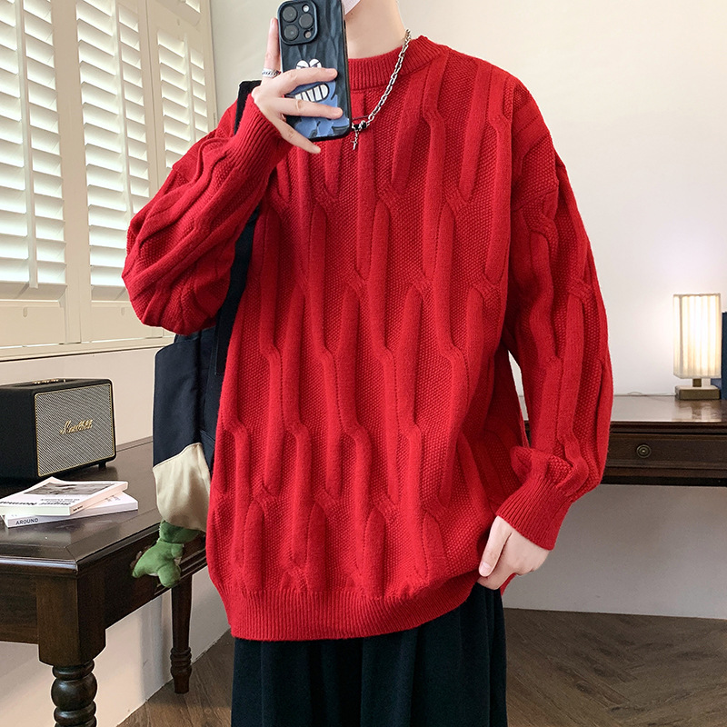 潮流时尚圆领毛衣男冬宽松打底针织衫麻花编织纯色慵懒毛线衣服