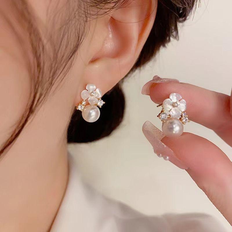 撤柜韩潮新款森系甜美文艺风时尚镶锆花朵珍珠耳钉高级感气质耳环