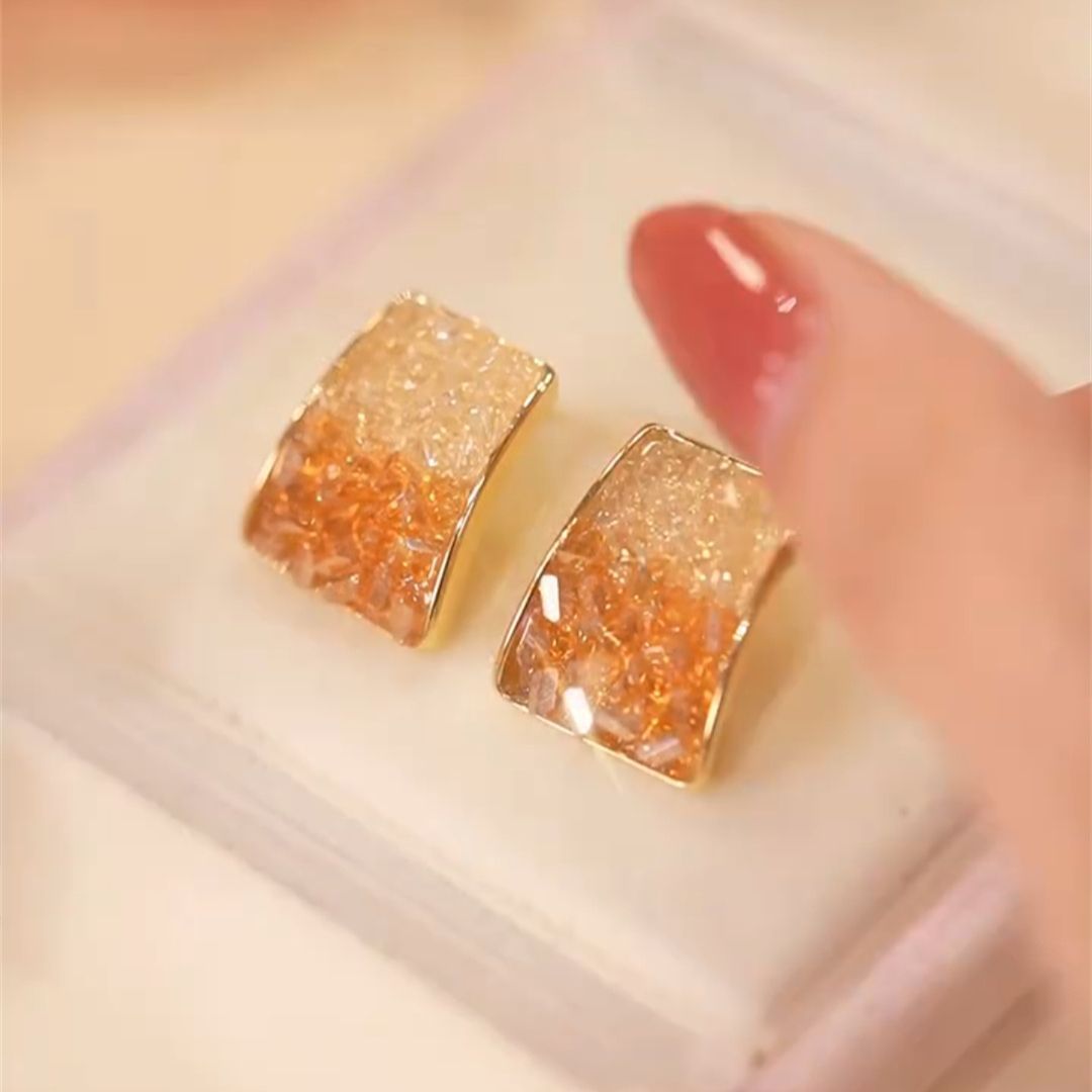 撤柜橘子海方形橙色满钻耳钉耳环女清新设计感网红百搭耳饰高级感