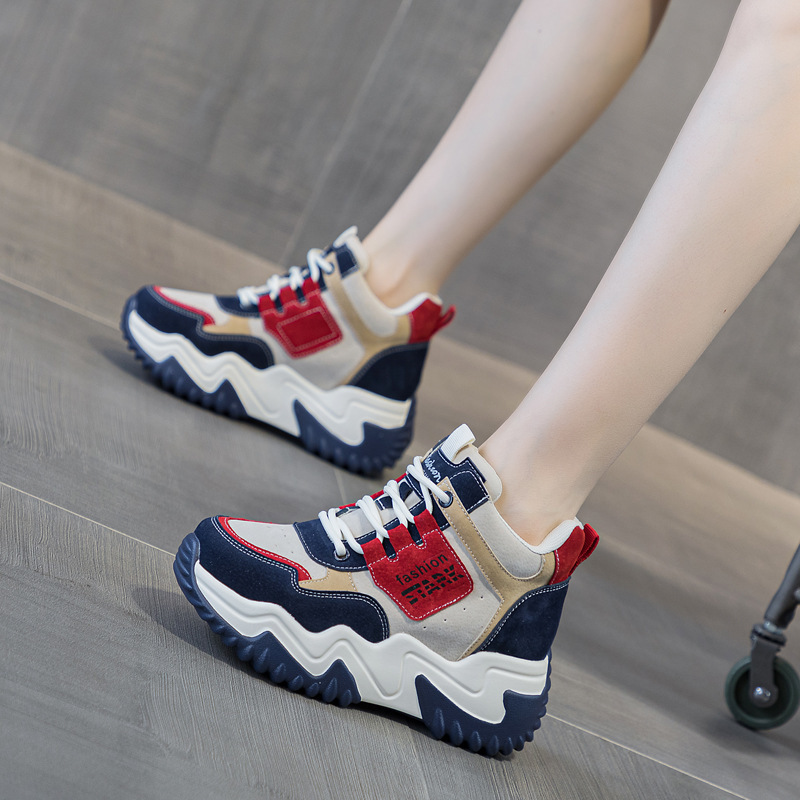 进口新品冬季新款加绒内增高老爹鞋厚底舒适拼色休闲高帮鞋坡跟时