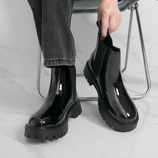 欧洲站切尔西靴男冬季增高马丁靴英伦风高级感亮面高帮皮鞋高帮圆