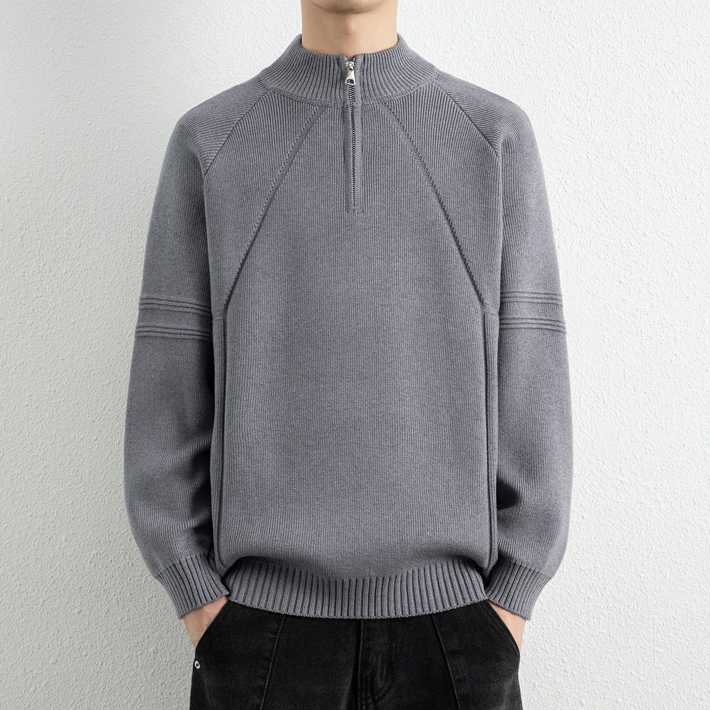 个性时尚半高领提花半拉链毛衣男冬新款潮流百搭宽松纯色针织衫