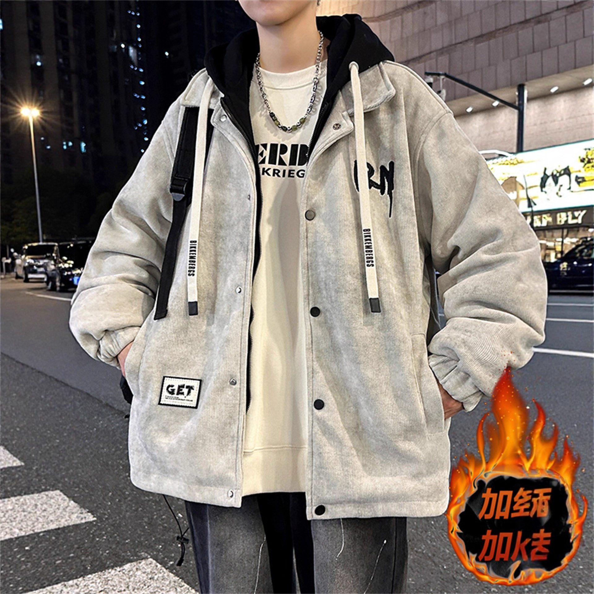 德国灯芯绒外套男生冬季假两件保暖连帽夹克青少年加绒加厚派克服