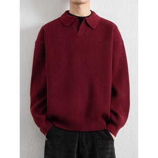 男装 海鸥领休闲基础线衣男POLO针织衫 冬季 欧洲站红色翻领毛衣男士
