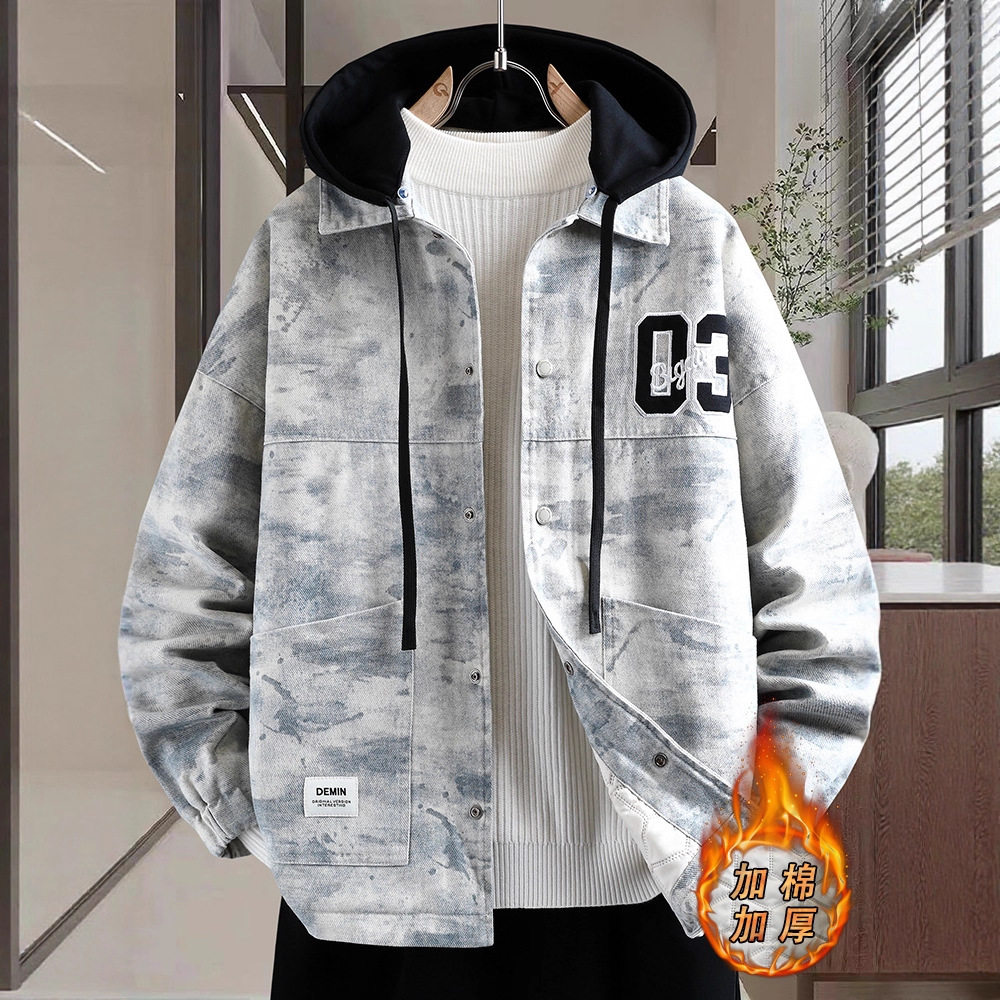 德国冬季新款牛仔外套男生大学生加棉加厚夹克青少年潮牌棉衣服男