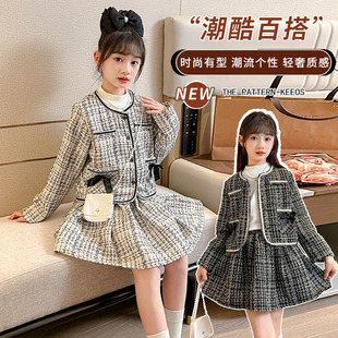 小香風(fēng)套裝 新品 潮流中大童秋季 新款 洋氣女學(xué)生蝴蝶結(jié)半身裙兩件套