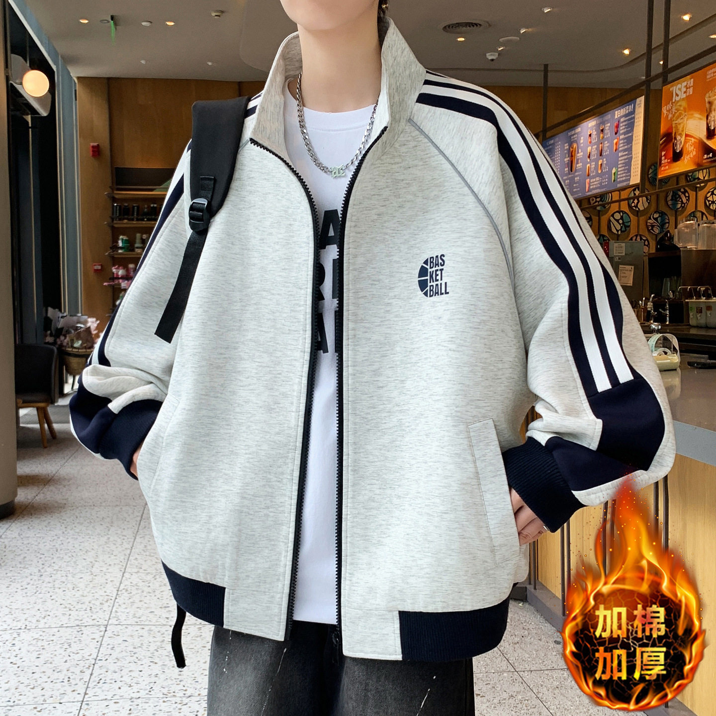 欧洲站冬季棒球服外套男初中高中学生加棉加厚夹克青少年大童冬装