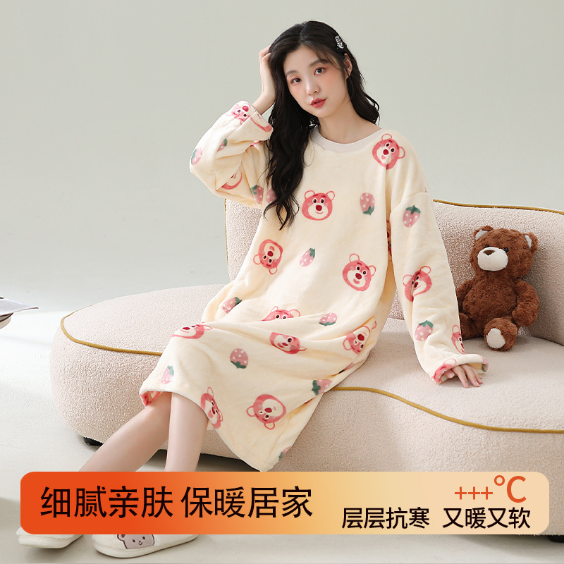潮牌法兰绒睡衣女冬季珊瑚绒睡裙长袖保暖加绒加厚可外穿连衣裙家