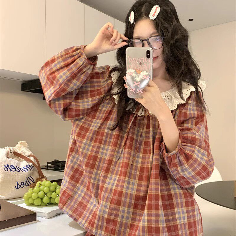 德国睡衣女冬韩版甜美蕾丝娃娃领格子全棉布长袖长裤家居服套装学