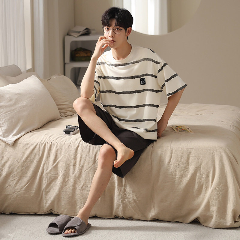 德国夏季新款男士睡衣家居服短袖短裤两件套男套头莫代尔套装可外