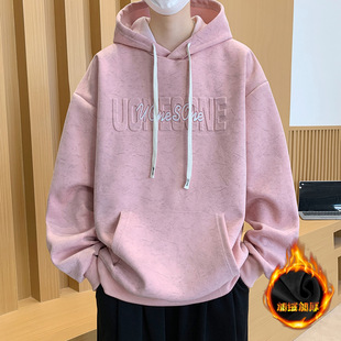欧洲站美式钢印连帽卫衣男生加绒加厚冬季潮牌青少年初中高中学生