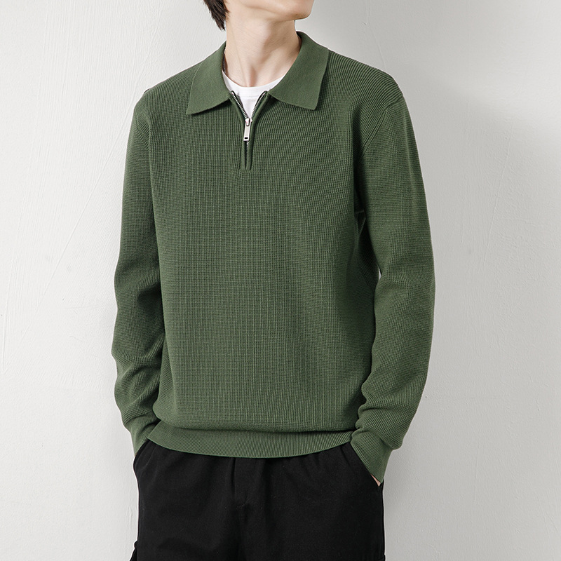 优选时尚冬装男士针织POLO衫复古拉链翻领毛衣宽松青年线衣外套长