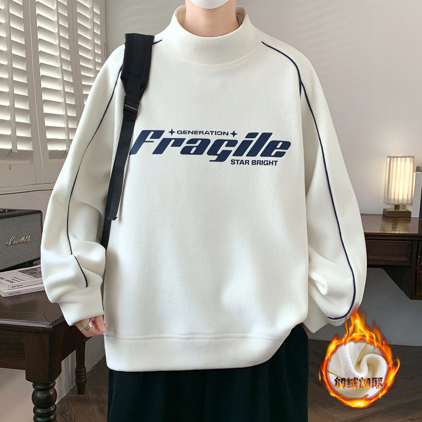 德国冬季加绒加厚半高领卫衣男孩初中学生长袖t恤青少年大童打底