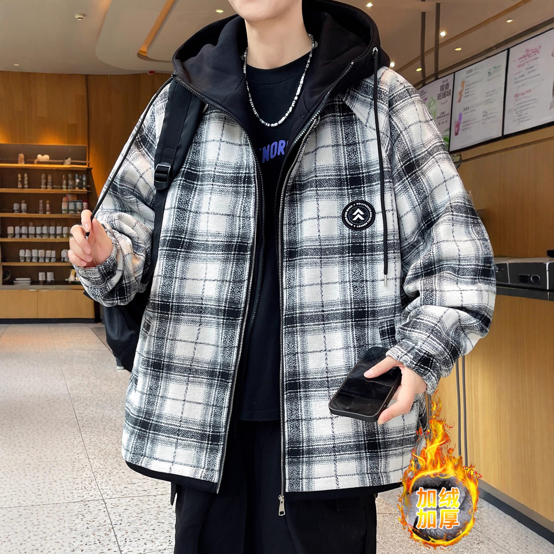香港撤柜冬款加绒加厚外套男孩初高中学生假两件格子夹克青少年大