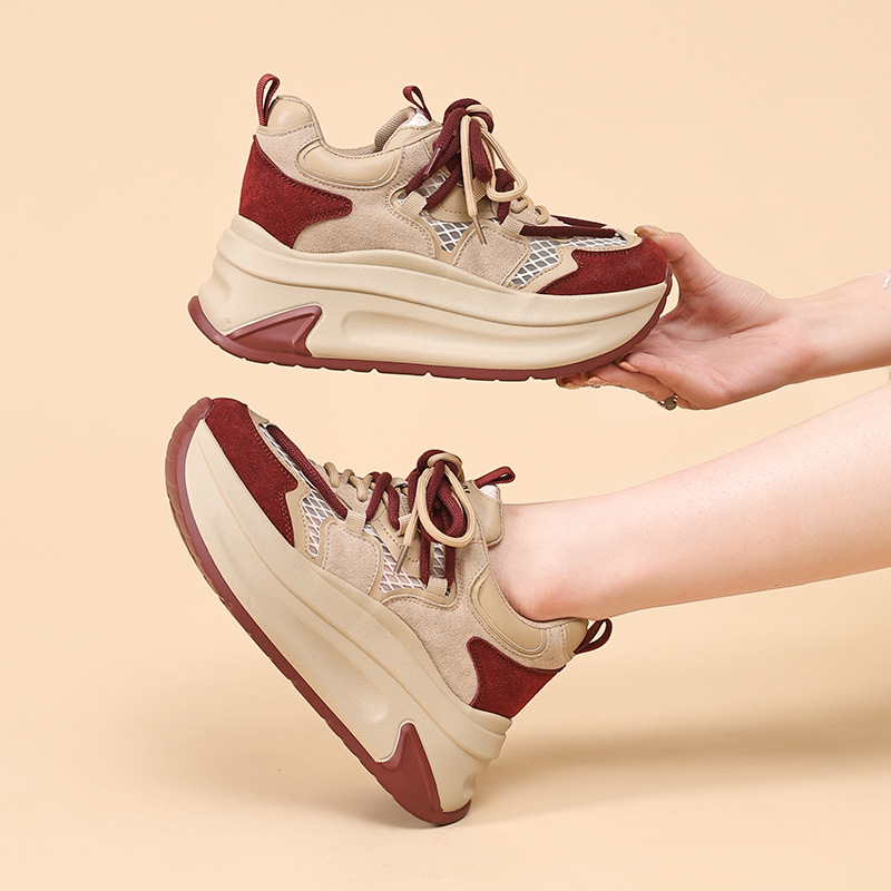 香港撤柜秋季新款小白鞋厚底系带拼色舒适休闲增高女鞋增高显瘦透